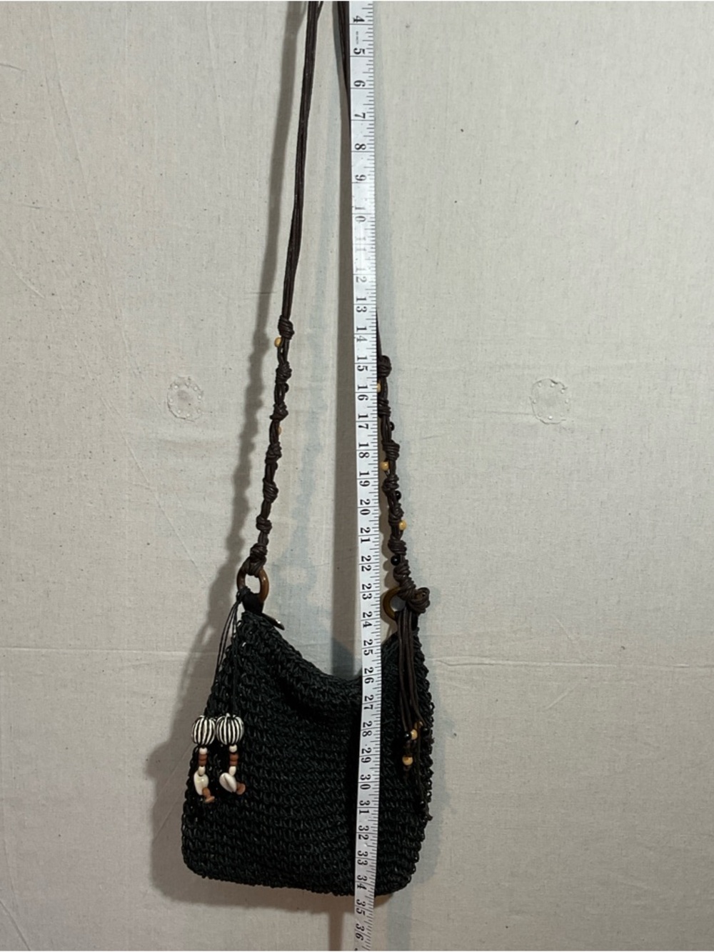 SUN N SAND Black woven straw Crossbody bag. Boho beaded shell charms - Picture 4 of 6